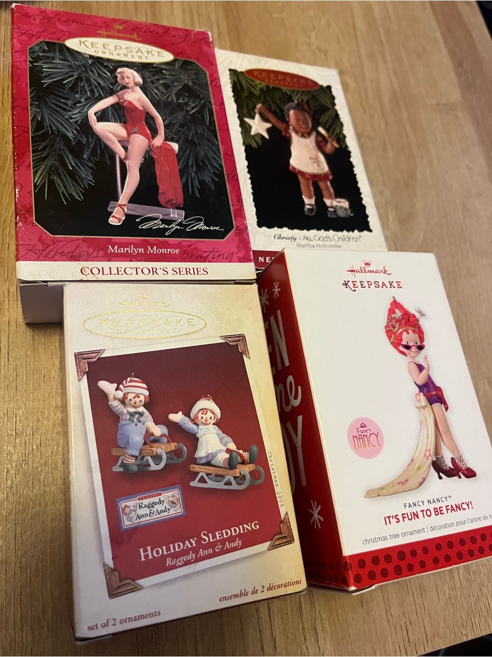 Lot of 4 Hallmark Keepsake Ornaments: Marilyn Monroe, Raggedy Ann, Fancy Nancy